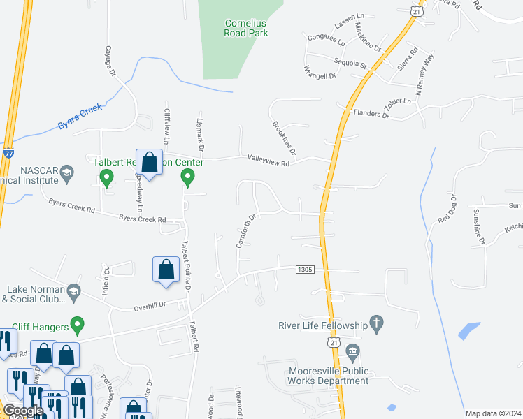 map of restaurants, bars, coffee shops, grocery stores, and more near 155 Camforth Drive in Mooresville