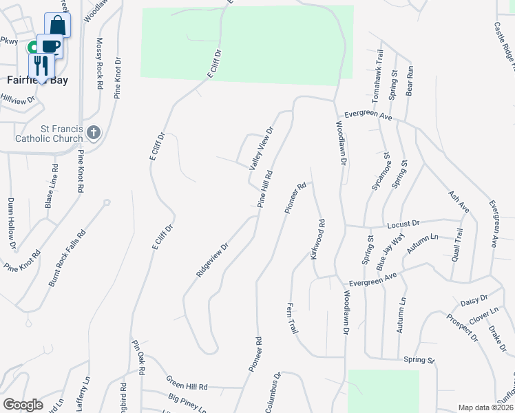 map of restaurants, bars, coffee shops, grocery stores, and more near 102 Pine Hill Court in Fairfield Bay