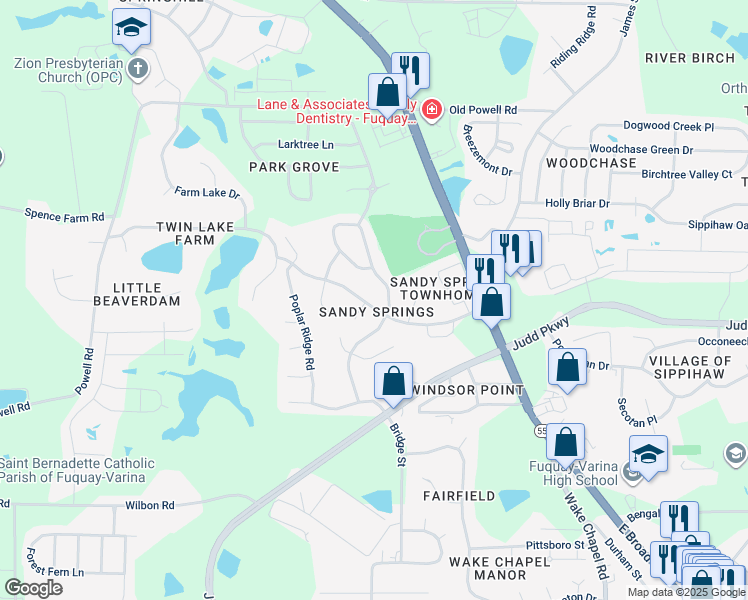 map of restaurants, bars, coffee shops, grocery stores, and more near 408 Wyndham Drive in Fuquay-Varina