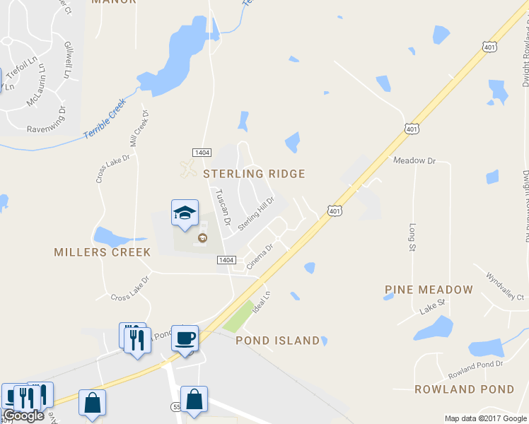 map of restaurants, bars, coffee shops, grocery stores, and more near 1958 Sterling Hill Drive in Fuquay Varina