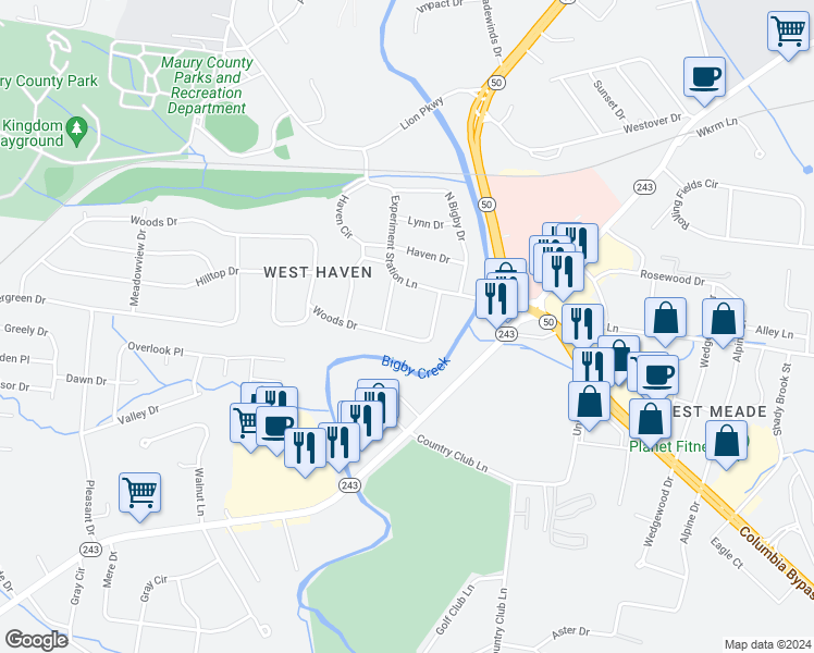 map of restaurants, bars, coffee shops, grocery stores, and more near 204 South Bigby Drive in Columbia