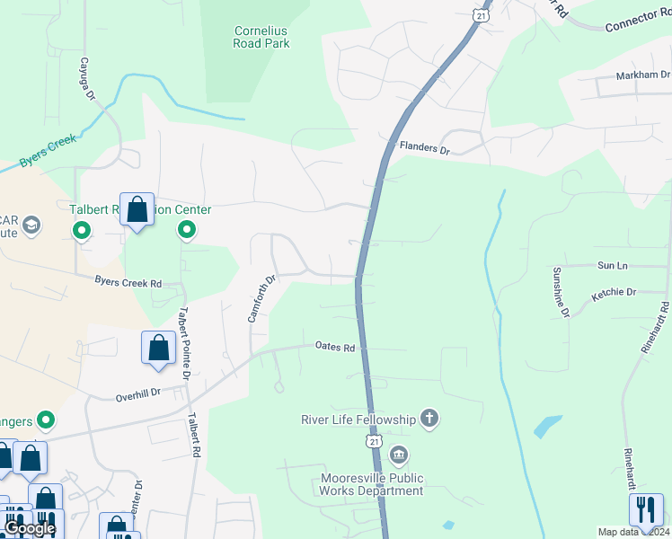 map of restaurants, bars, coffee shops, grocery stores, and more near 118 Brantley Place Drive in Mooresville