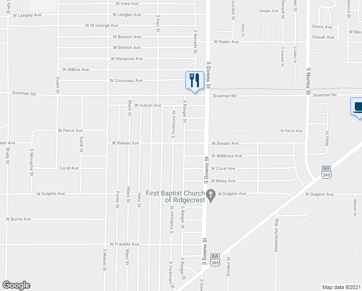 map of restaurants, bars, coffee shops, grocery stores, and more near 1101 South Ranger Street in Ridgecrest
