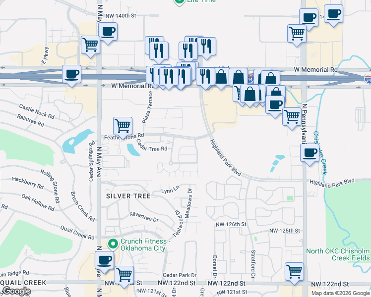 map of restaurants, bars, coffee shops, grocery stores, and more near 2611 Cedar Tree Road in Oklahoma City