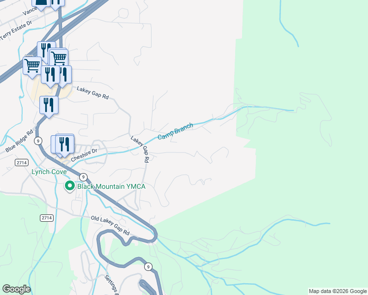map of restaurants, bars, coffee shops, grocery stores, and more near 23 Hunting Lodge Acres in Black Mountain