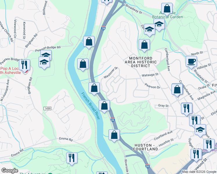 map of restaurants, bars, coffee shops, grocery stores, and more near 202 Westover Alley in Asheville