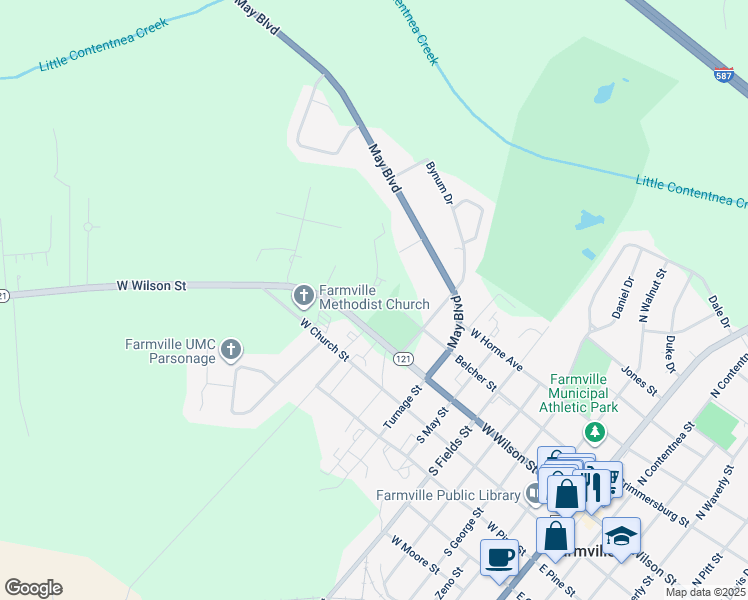 map of restaurants, bars, coffee shops, grocery stores, and more near 4469 Belcher St in Farmville