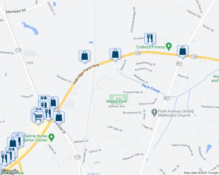 map of restaurants, bars, coffee shops, grocery stores, and more near 107 Everett Park Drive in Mooresville