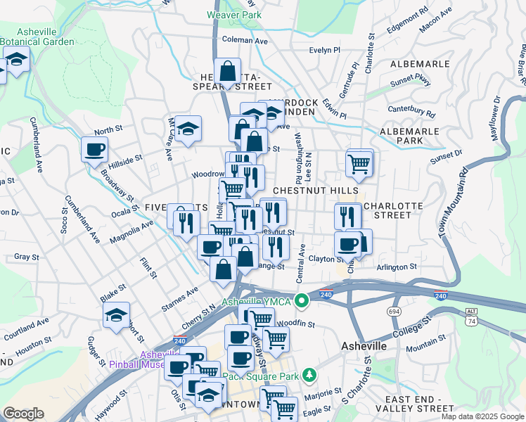 map of restaurants, bars, coffee shops, grocery stores, and more near in Asheville