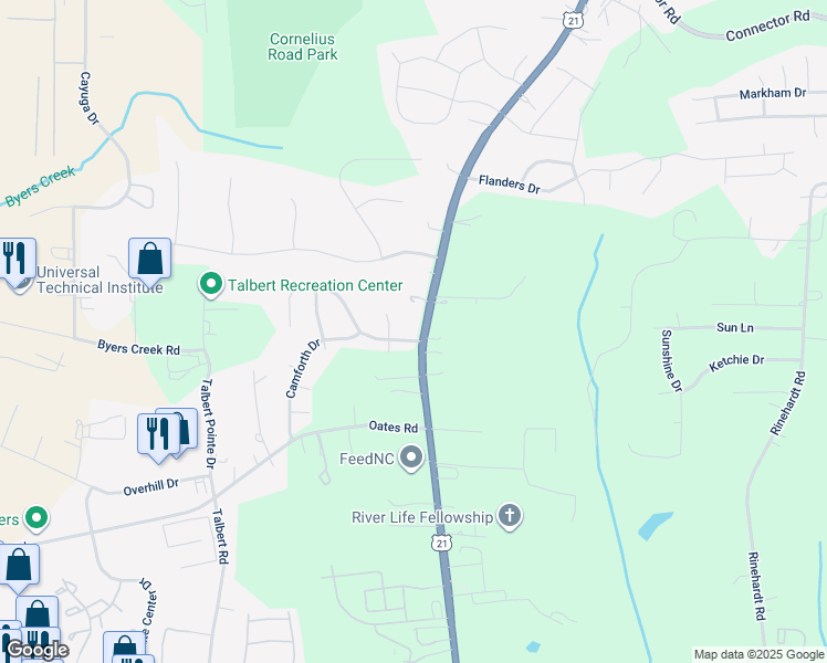 map of restaurants, bars, coffee shops, grocery stores, and more near 106 Brantley Place Drive in Mooresville