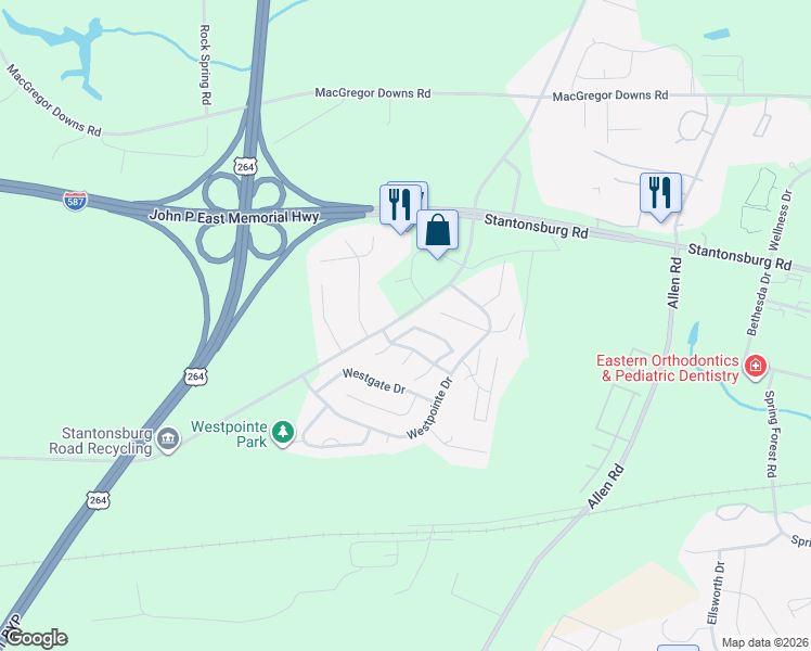 map of restaurants, bars, coffee shops, grocery stores, and more near 1105 Grovemont Drive in Greenville
