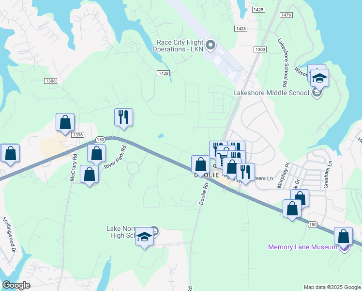 map of restaurants, bars, coffee shops, grocery stores, and more near 990 River Highway in Mooresville