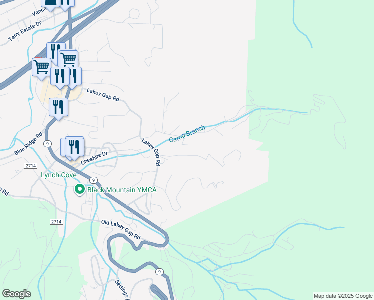 map of restaurants, bars, coffee shops, grocery stores, and more near 19 Hunting Lodge Drive in Black Mountain