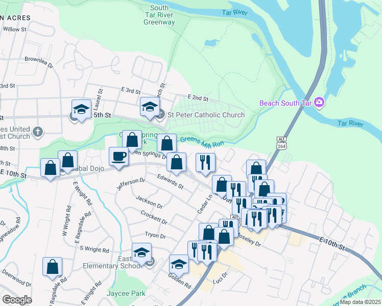 map of restaurants, bars, coffee shops, grocery stores, and more near 2903 East 5th Street in Greenville