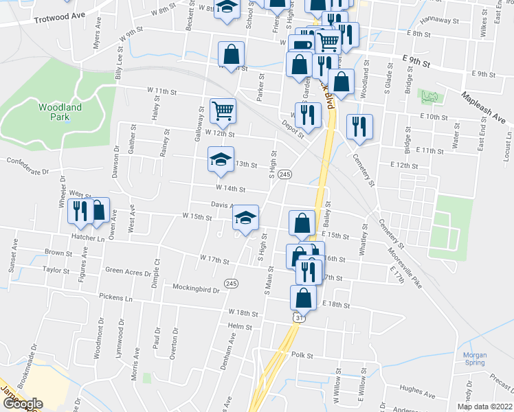 map of restaurants, bars, coffee shops, grocery stores, and more near 1505 Highland Avenue in Columbia