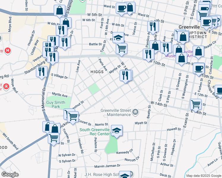 map of restaurants, bars, coffee shops, grocery stores, and more near 104 Manhattan Avenue in Greenville