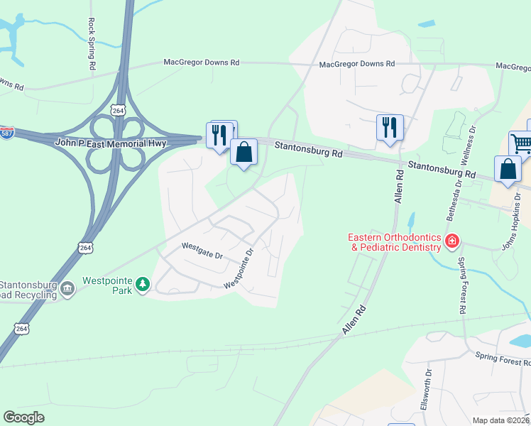 map of restaurants, bars, coffee shops, grocery stores, and more near 1295 Westpointe Drive in Greenville