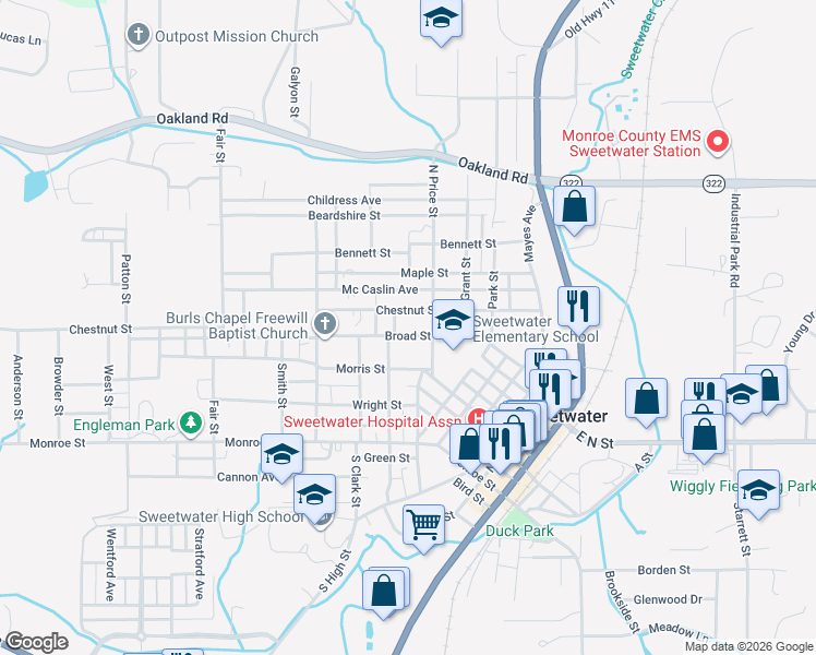 map of restaurants, bars, coffee shops, grocery stores, and more near 413 North Price Street in Sweetwater