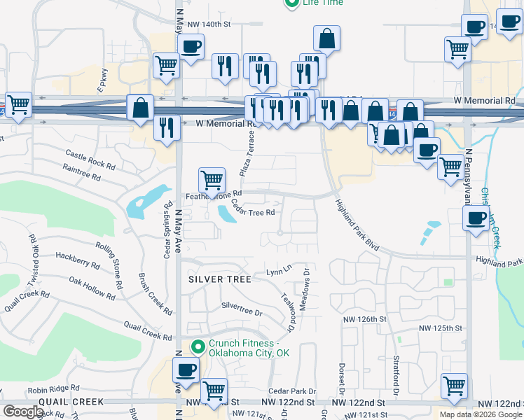 map of restaurants, bars, coffee shops, grocery stores, and more near 2604 Cedar Tree Road in Oklahoma City