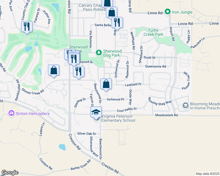 map of restaurants, bars, coffee shops, grocery stores, and more near 2345 Larkfield Place in Paso Robles