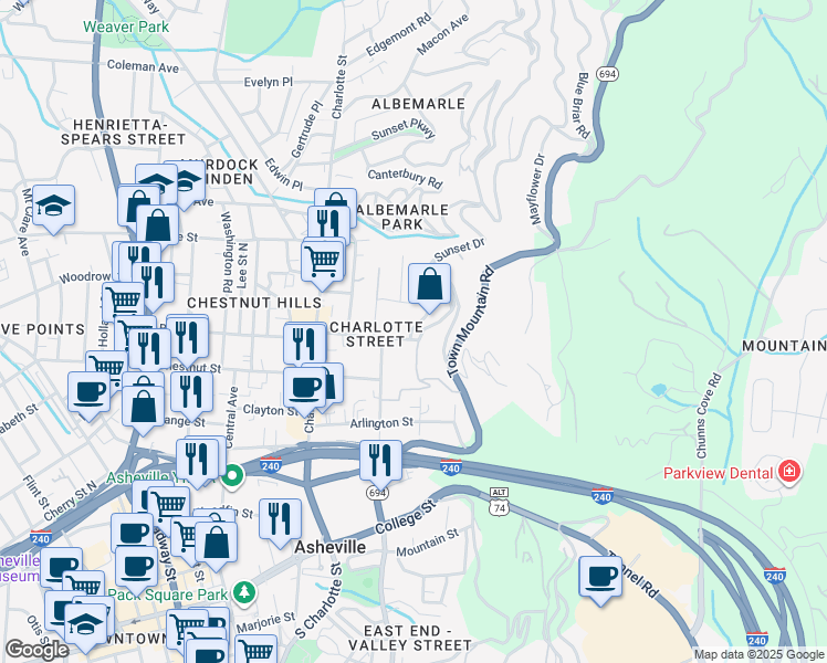 map of restaurants, bars, coffee shops, grocery stores, and more near 81 Baird Street in Asheville