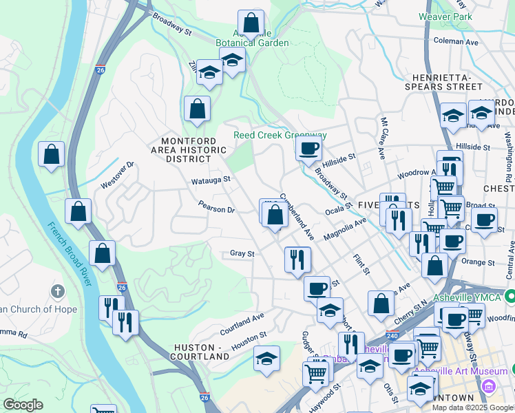 map of restaurants, bars, coffee shops, grocery stores, and more near 276 Montford Avenue in Asheville