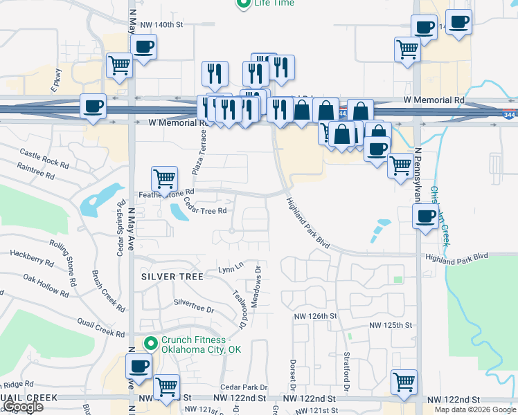 map of restaurants, bars, coffee shops, grocery stores, and more near 2611 Cedar Tree Road in Oklahoma City