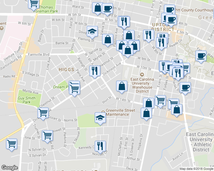 map of restaurants, bars, coffee shops, grocery stores, and more near 904 West 14th Street in Greenville