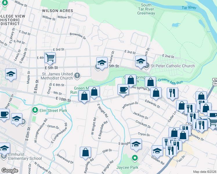 map of restaurants, bars, coffee shops, grocery stores, and more near 812 College View Drive in Greenville