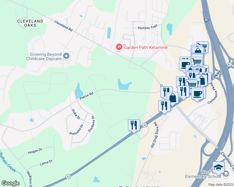 map of restaurants, bars, coffee shops, grocery stores, and more near 56 Forest Meadow Court in Garner