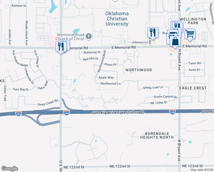 map of restaurants, bars, coffee shops, grocery stores, and more near 2329 Shady Tree Lane in Edmond