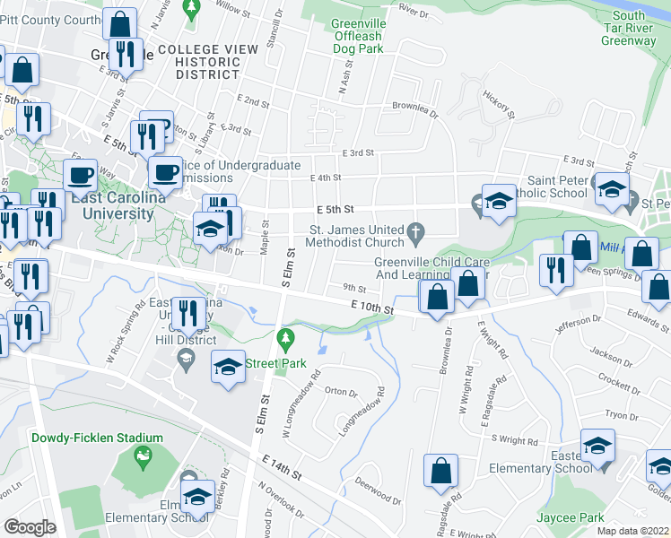 map of restaurants, bars, coffee shops, grocery stores, and more near 801 Ernul Street in Greenville