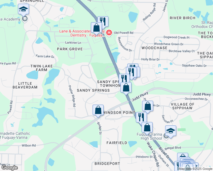map of restaurants, bars, coffee shops, grocery stores, and more near 1516 Kempsey Circle in Fuquay-Varina