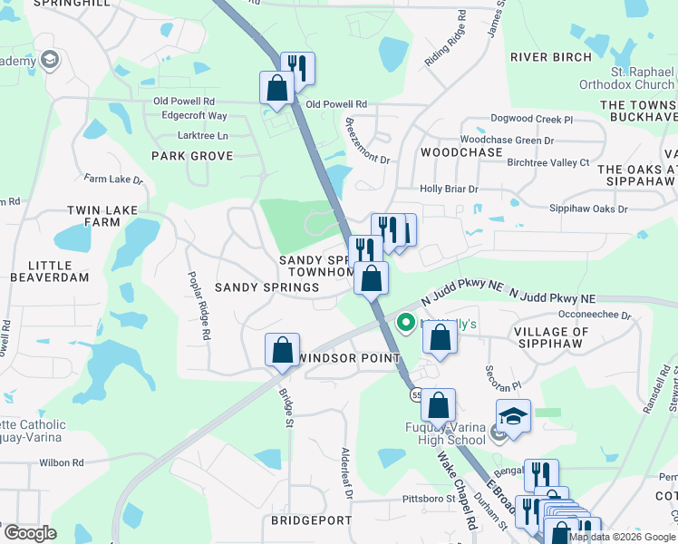 map of restaurants, bars, coffee shops, grocery stores, and more near 1922 Stroll Circle in Fuquay-Varina