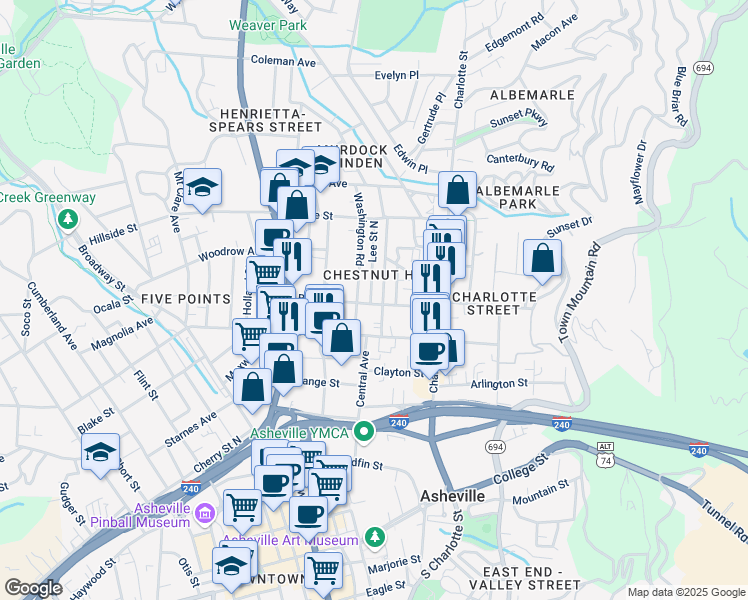 map of restaurants, bars, coffee shops, grocery stores, and more near 9 Lee Street North in Asheville