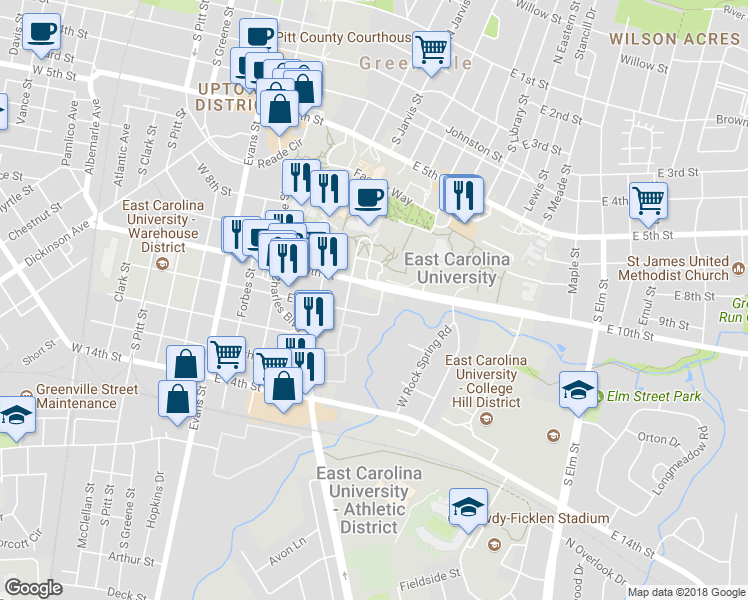 map of restaurants, bars, coffee shops, grocery stores, and more near 1004 Anderson Street in Greenville