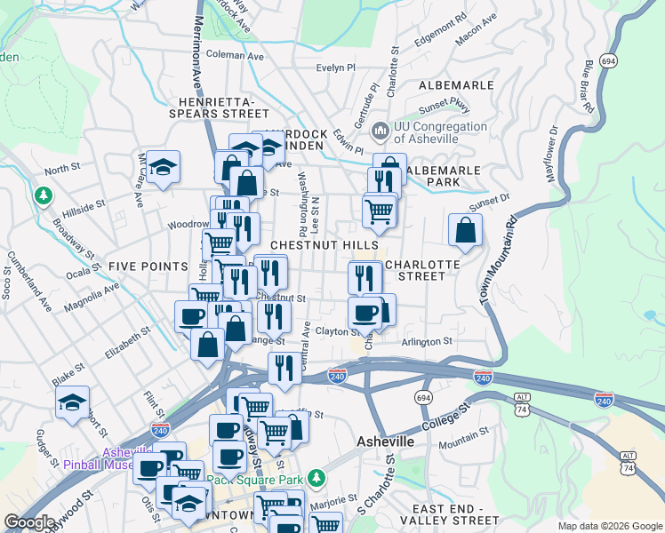map of restaurants, bars, coffee shops, grocery stores, and more near 121 Broad Street in Asheville