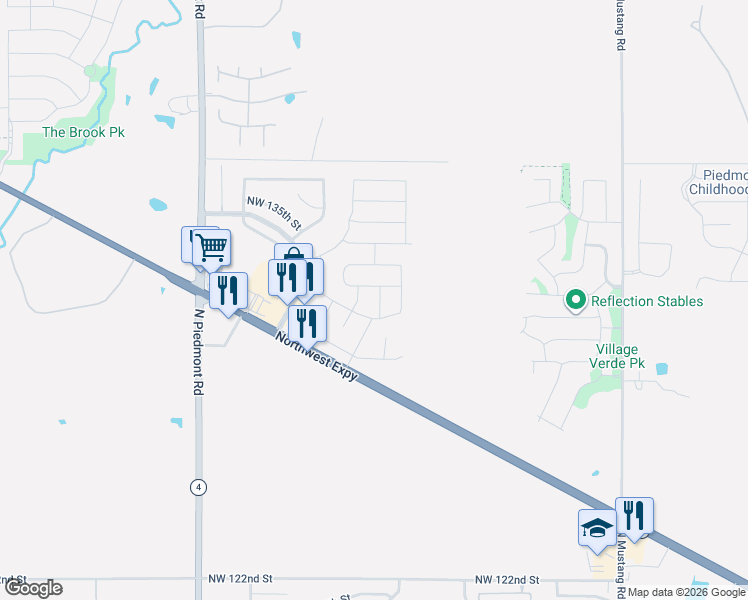 map of restaurants, bars, coffee shops, grocery stores, and more near 11717 Northwest 131st Street in Piedmont