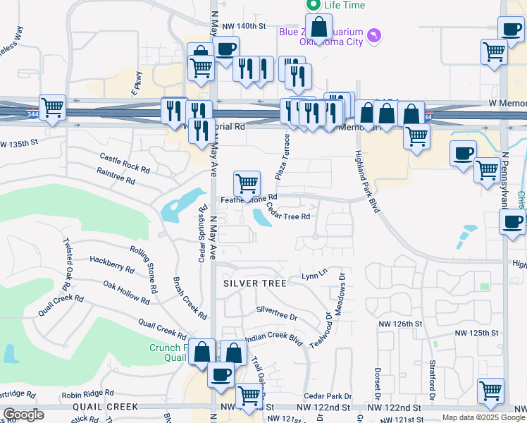 map of restaurants, bars, coffee shops, grocery stores, and more near 2632 Cedar Tree Road in Oklahoma City