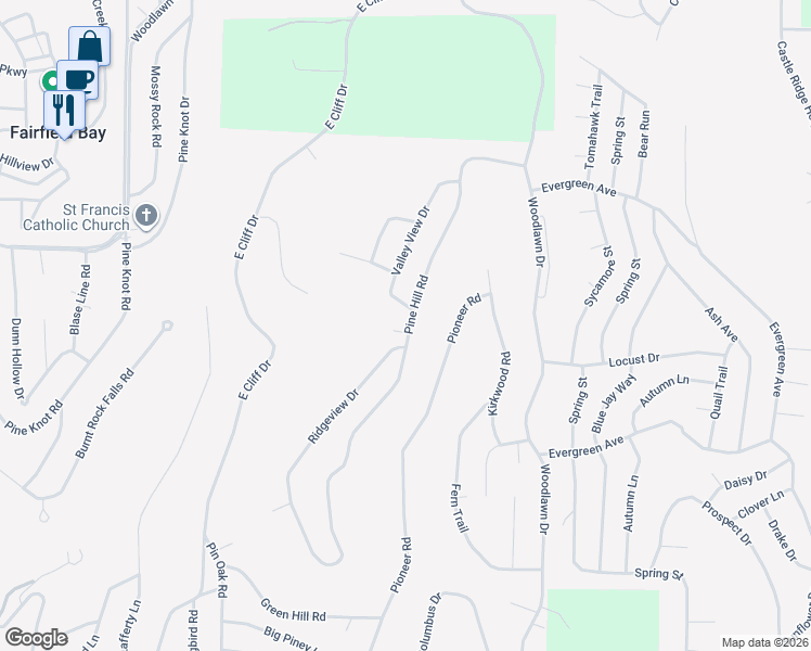 map of restaurants, bars, coffee shops, grocery stores, and more near 102 Pine Hill Court in Fairfield Bay