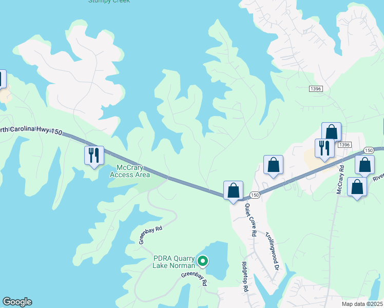 map of restaurants, bars, coffee shops, grocery stores, and more near 147 Waddell Road in Mooresville