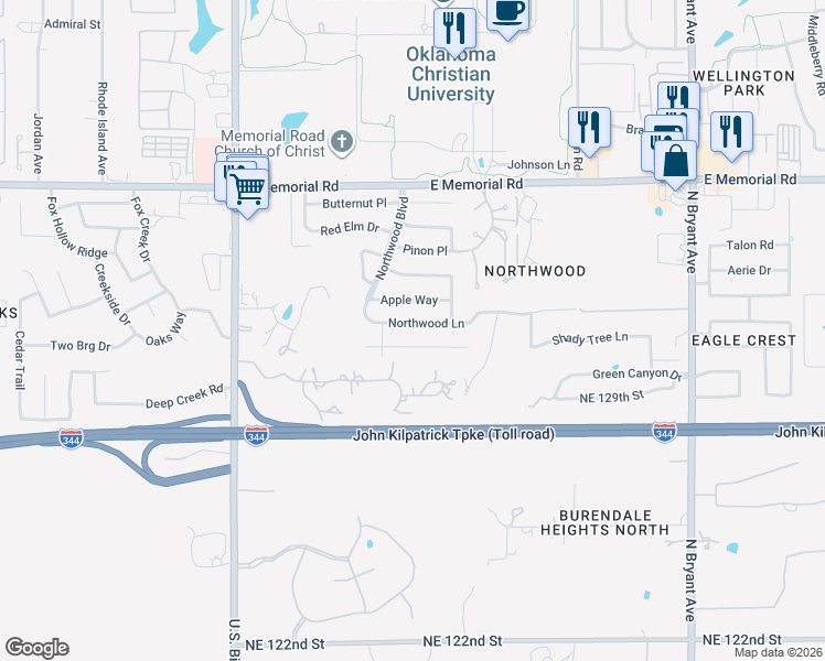 map of restaurants, bars, coffee shops, grocery stores, and more near 2329 Shady Tree Lane in Edmond
