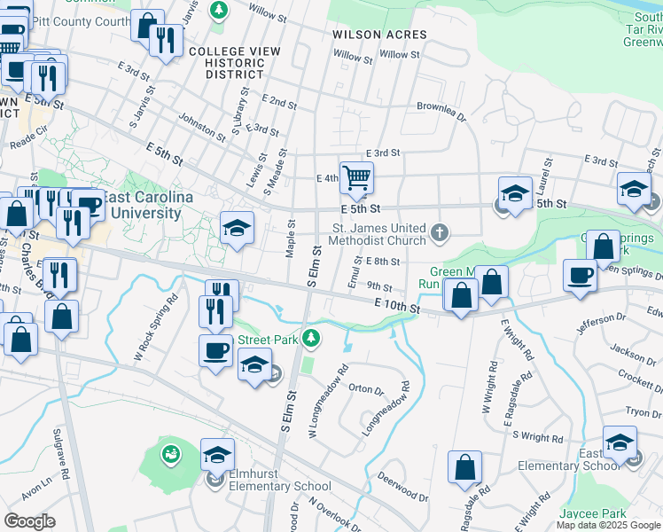 map of restaurants, bars, coffee shops, grocery stores, and more near 625 South Elm Street in Greenville