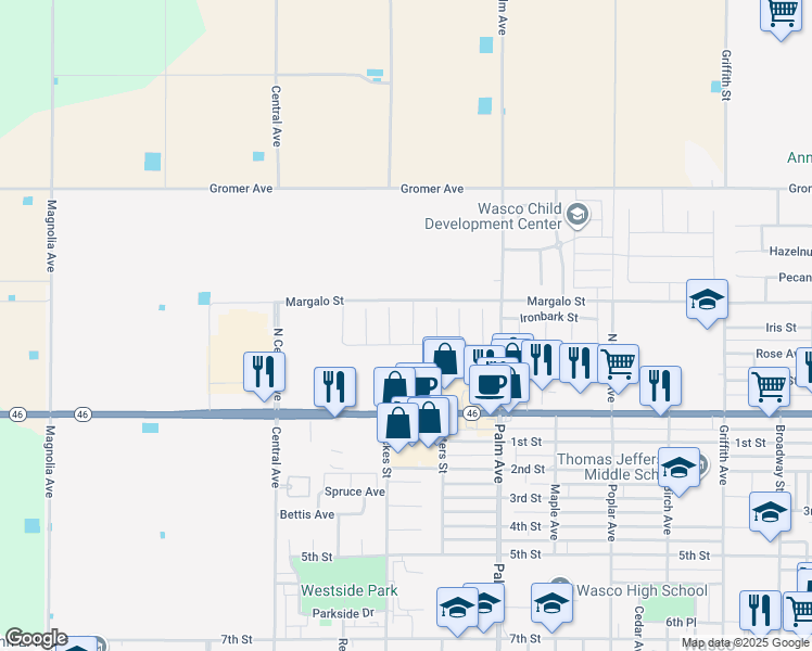 map of restaurants, bars, coffee shops, grocery stores, and more near 306 Quaking Aspen Avenue in Wasco