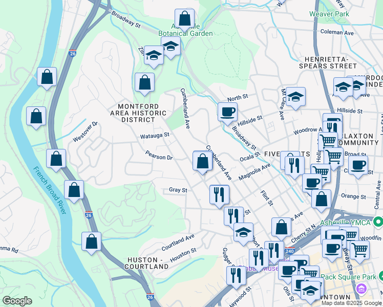 map of restaurants, bars, coffee shops, grocery stores, and more near 276 Montford Avenue in Asheville