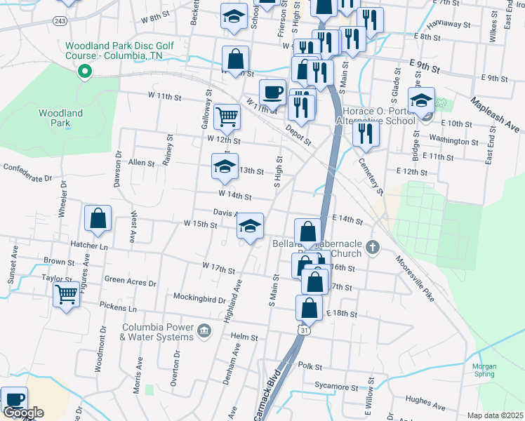 map of restaurants, bars, coffee shops, grocery stores, and more near 1505 Highland Avenue in Columbia
