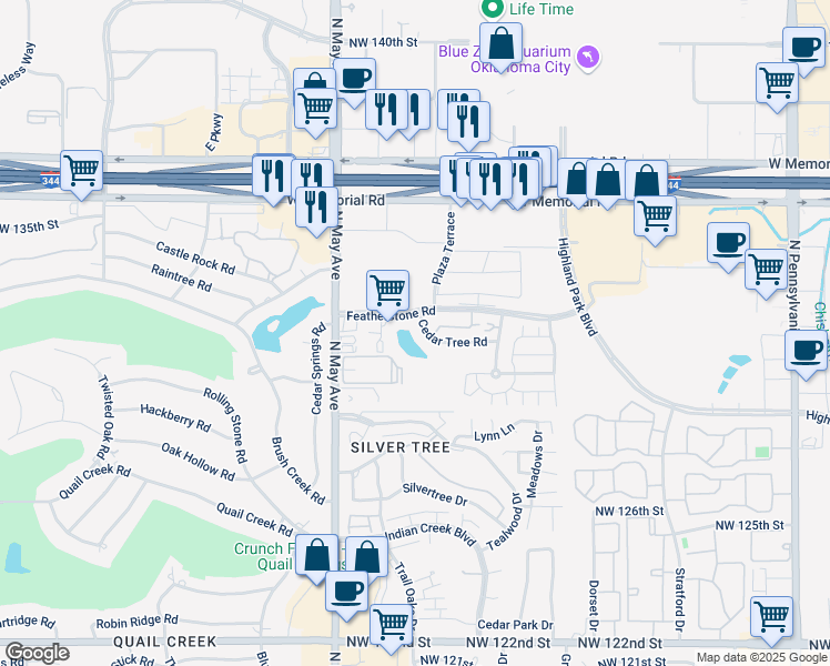 map of restaurants, bars, coffee shops, grocery stores, and more near 2632 Cedar Tree Road in Oklahoma City