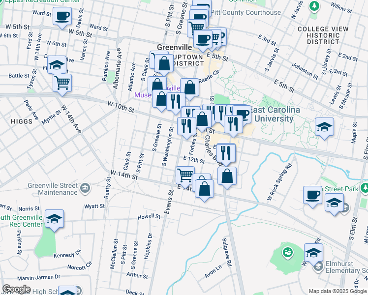 map of restaurants, bars, coffee shops, grocery stores, and more near 1109 Evans Street in Greenville