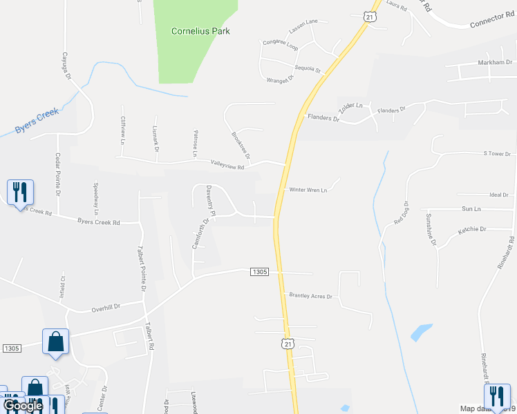 map of restaurants, bars, coffee shops, grocery stores, and more near 108 Henfield Way in Mooresville