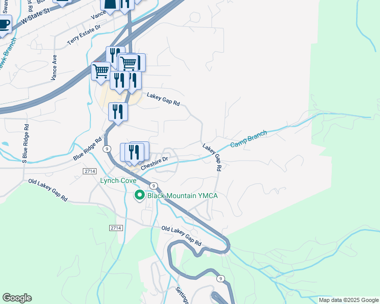 map of restaurants, bars, coffee shops, grocery stores, and more near 54 Cheshire Drive in Black Mountain